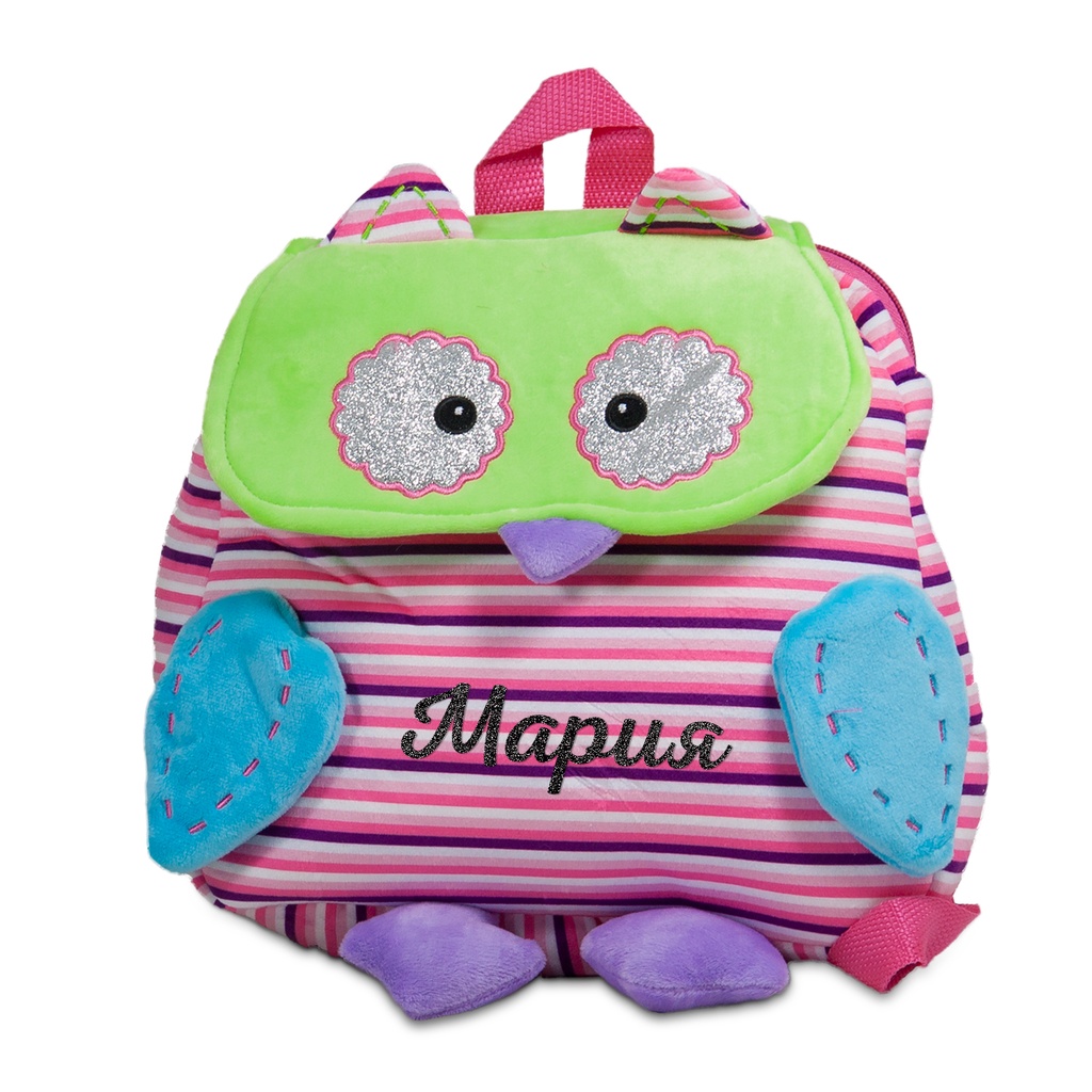 Плюшена раница бухал 4 цвята с НАДПИС - Зелен