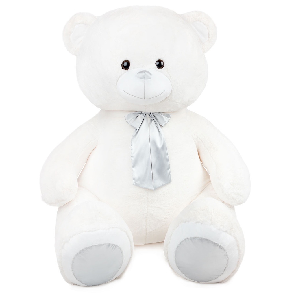 Мега бяло мече със сатенена панделка - Сребърен