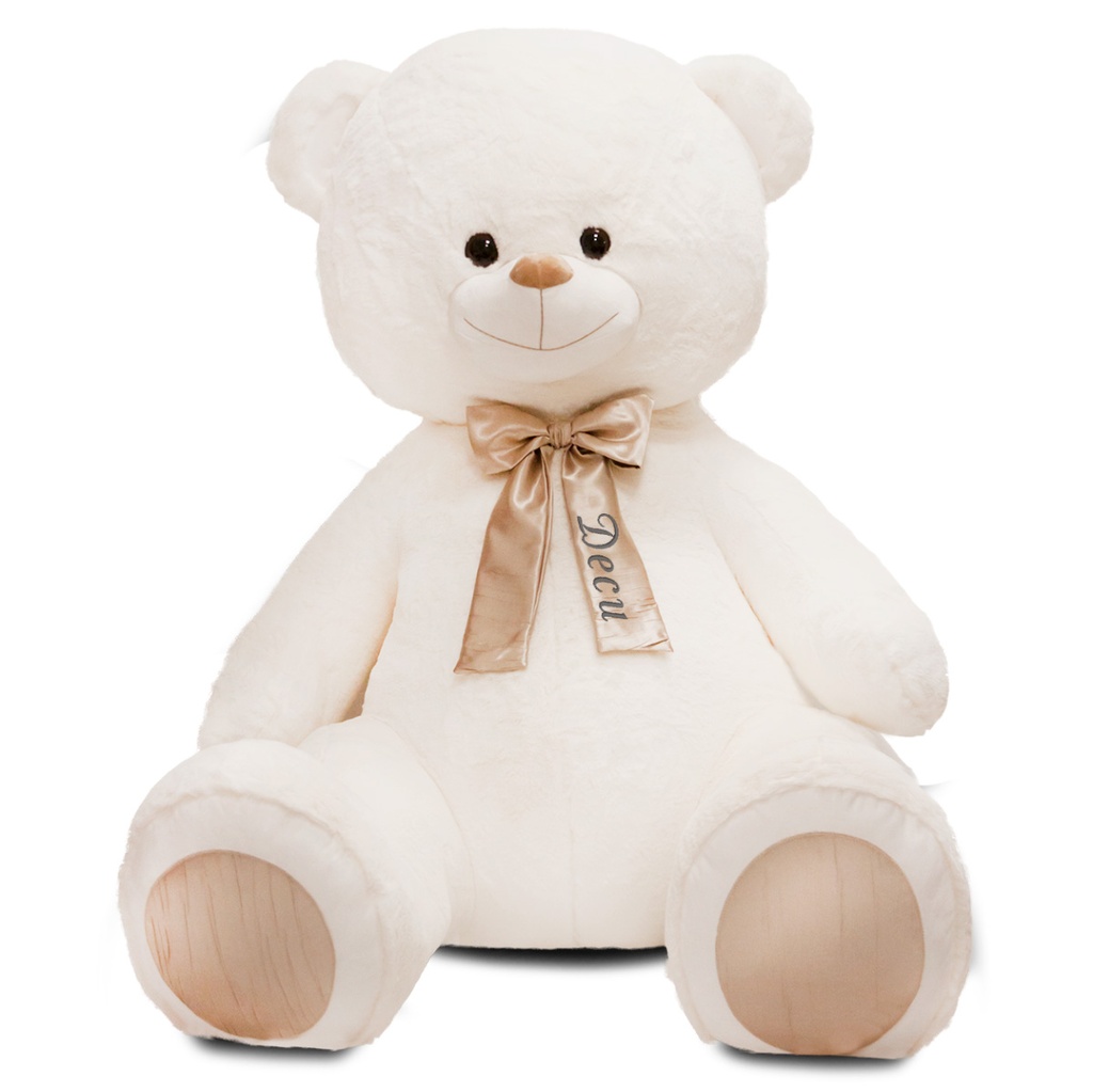 Мега бяло мече със сатенена панделка и глитерен НАДПИС - Златен