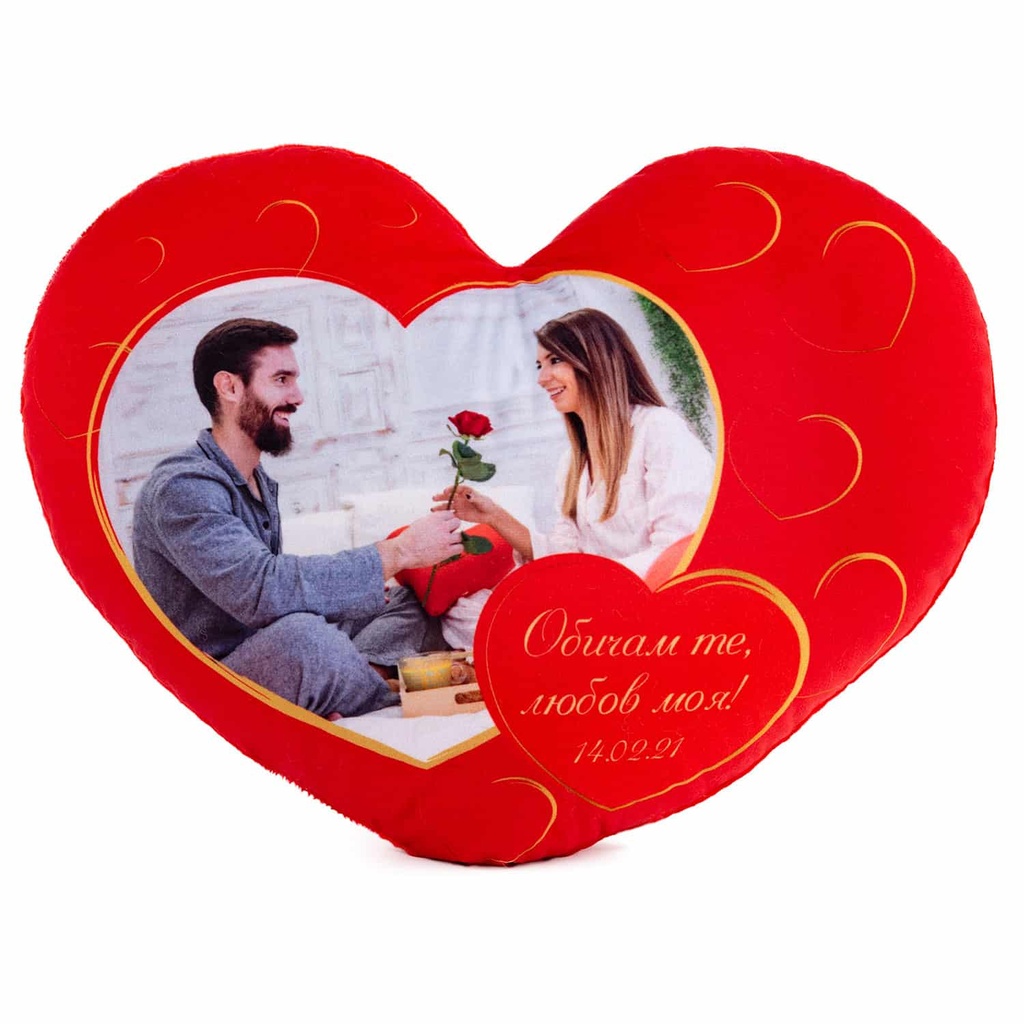 Червено сърце с ваша снимка и златист надпис