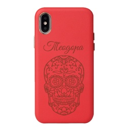 [P0002-3] Кожен CASE за iPhone с лазерно гравиране - Череп с цветя и ИМЕ