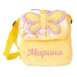 [060747-O-P] Детска чанта през рамо с ИМЕ - Оранжева с розова пеперуда