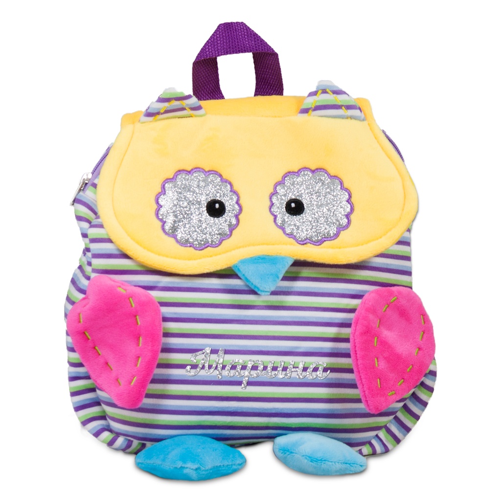 Плюшена раница бухал 4 цвята с НАДПИС - Жълт