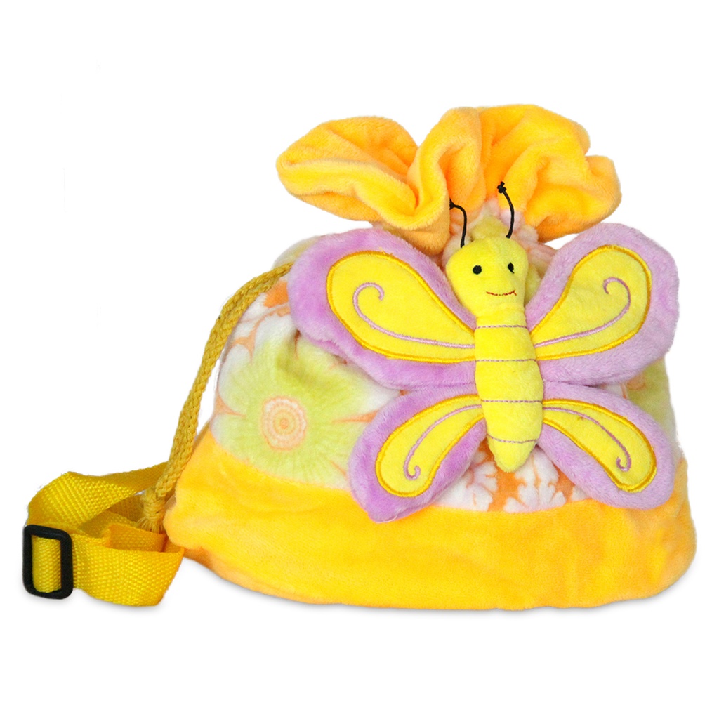 Плюшена раница с пеперуда - Жълта с розова пеперуда