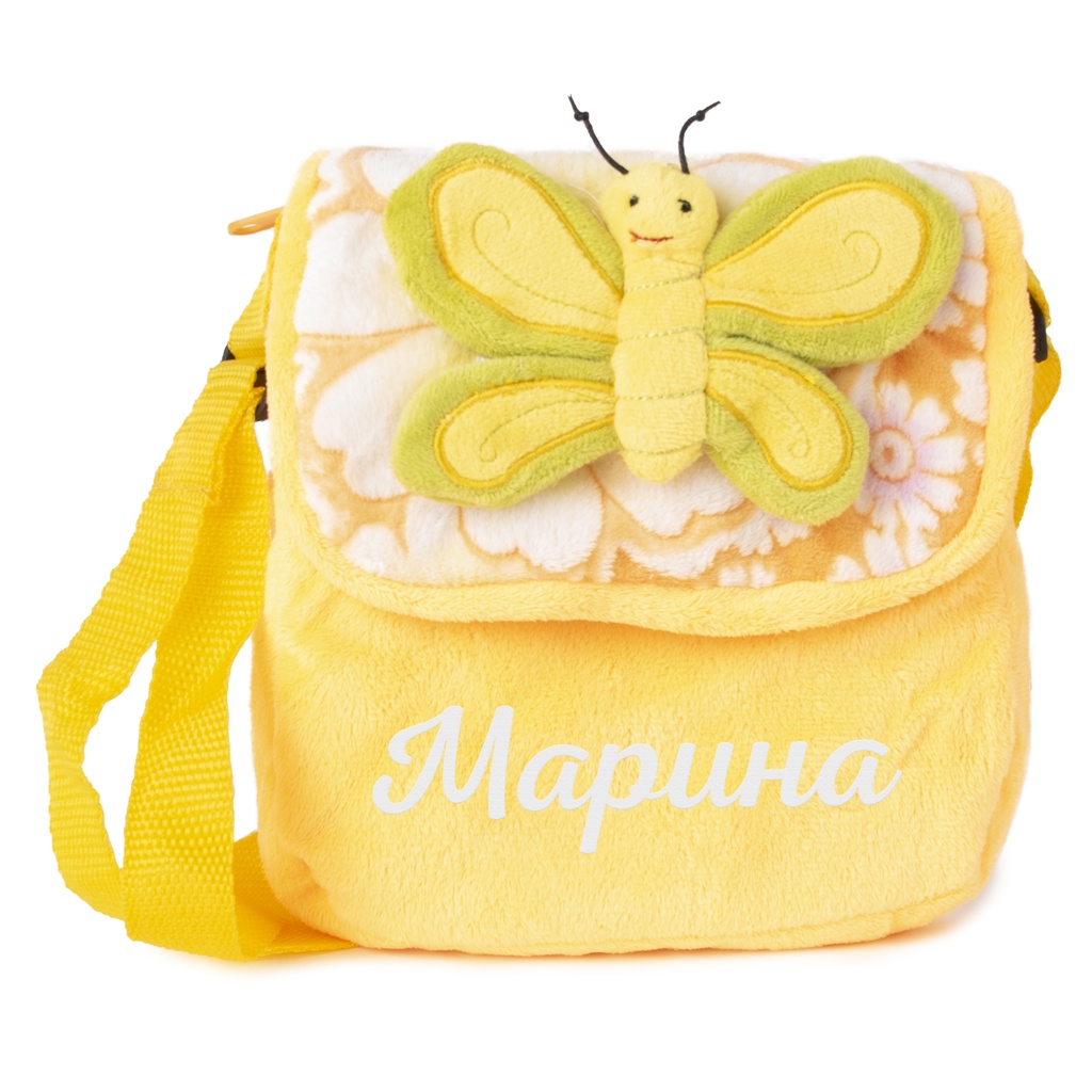 Детска чанта през рамо с ИМЕ - Оранжева със зелена пеперуда