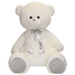 [0090105-2] Мега бяло мече със сатенена панделка и глитерен НАДПИС - Сребърен