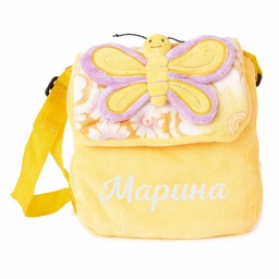 [0060747-6-yellow-pink] Детска чанта през рамо с ИМЕ - Жълта с розова пеперуда